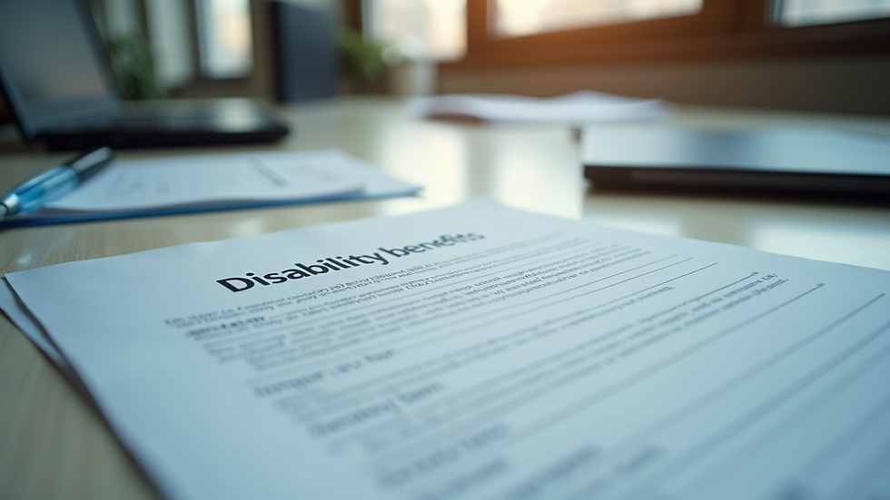 Eye-level view of office desk with disability benefits paperwork