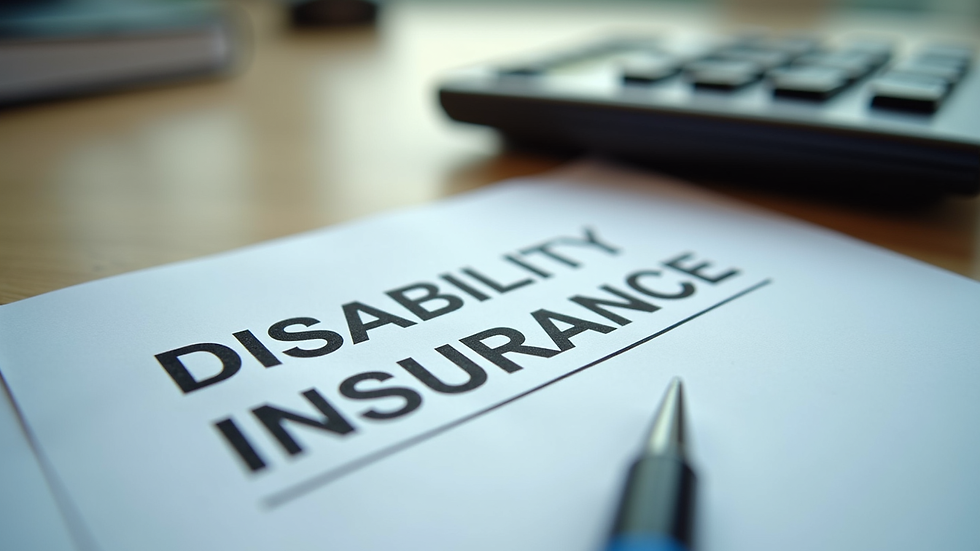 Eye-level view of a desk with disability insurance documents and a calculator
