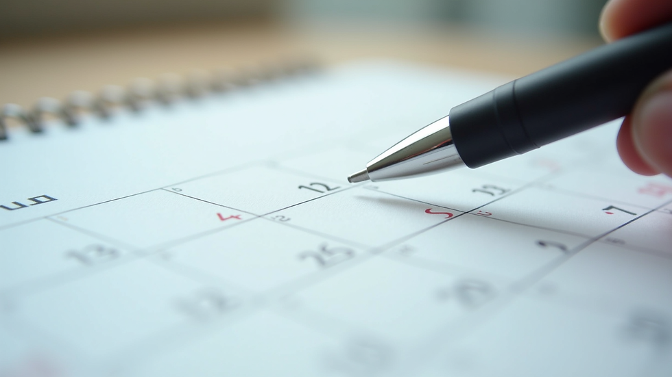 Close-up view of a calendar with marked dates and a pen