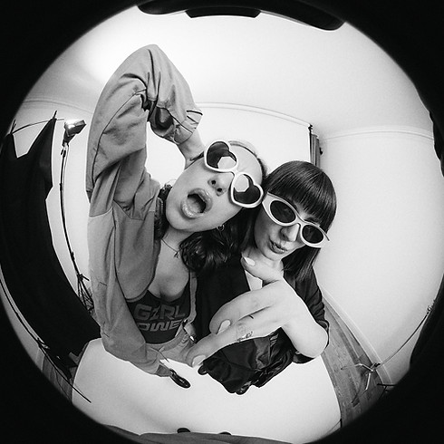 Black and white portrait of Berlin DJ duo TraumaMia, expressive tech house artists known for energetic and bouncy performance