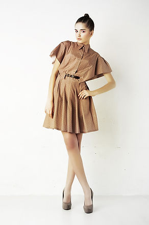 Model in brown silk dress