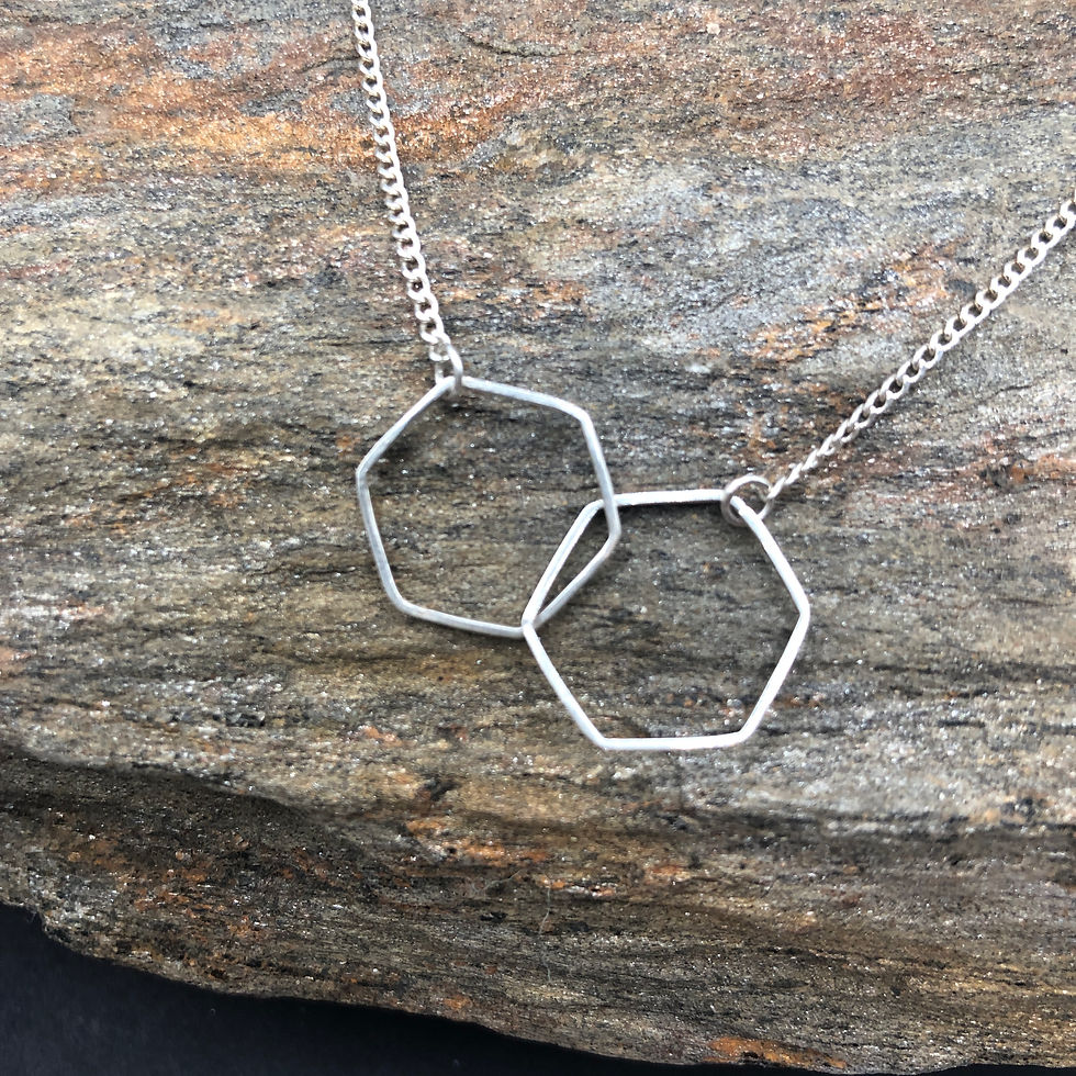 two Sterling silver interlinked dainty hexagons on a silver chain, close up view