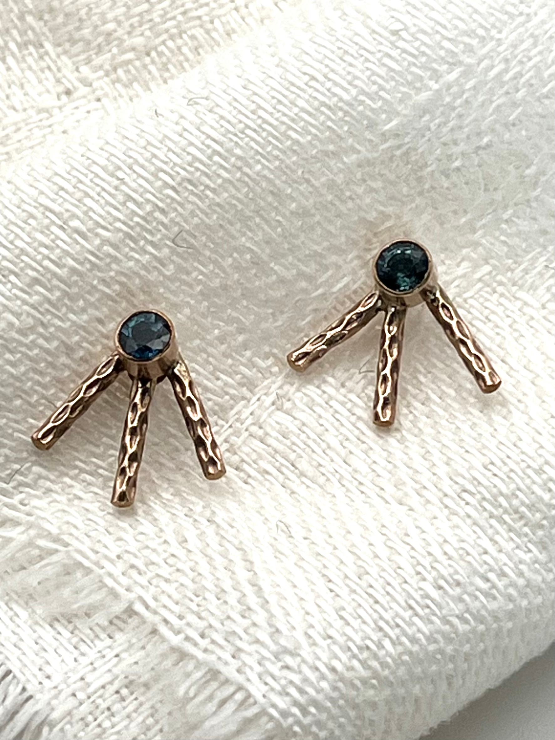 Teal Blue Sapphire and Gold Fill Bird Feet Stud Earrings close up