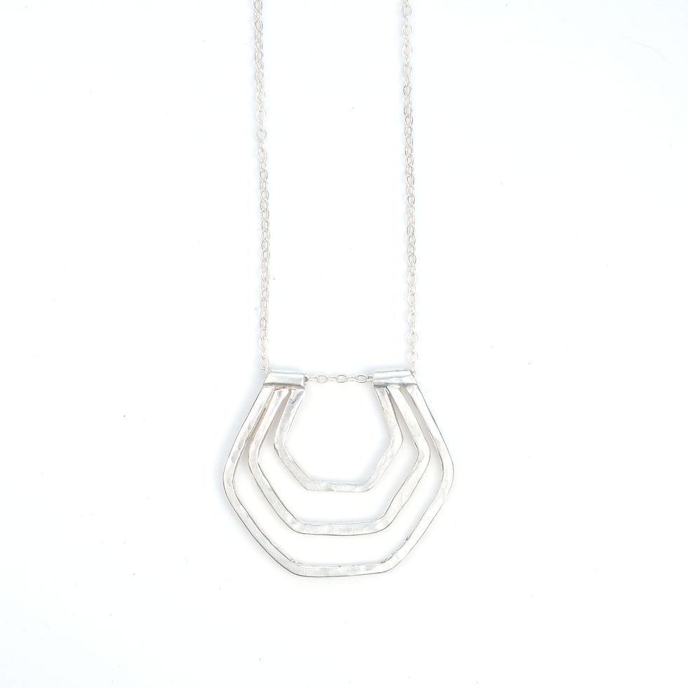 triple nested hexagon necklace on white background, close up