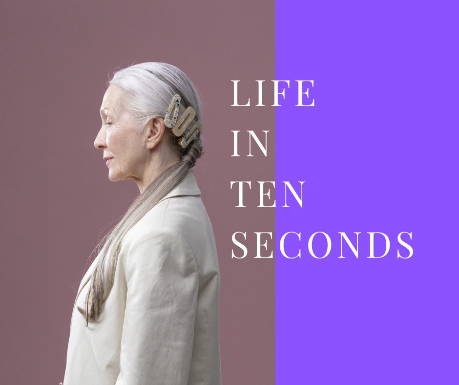 Elegant woman with braid and hair clip in profile against a pink and purple background. Text reads "Life in Ten Seconds."