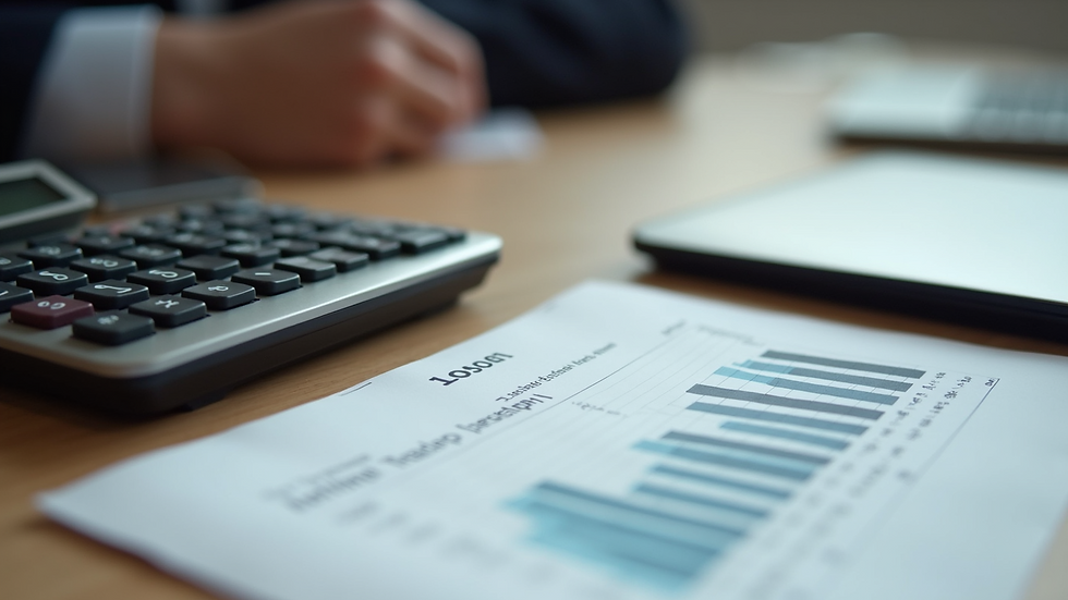Close-up view of a calculator and financial report on a wooden desk