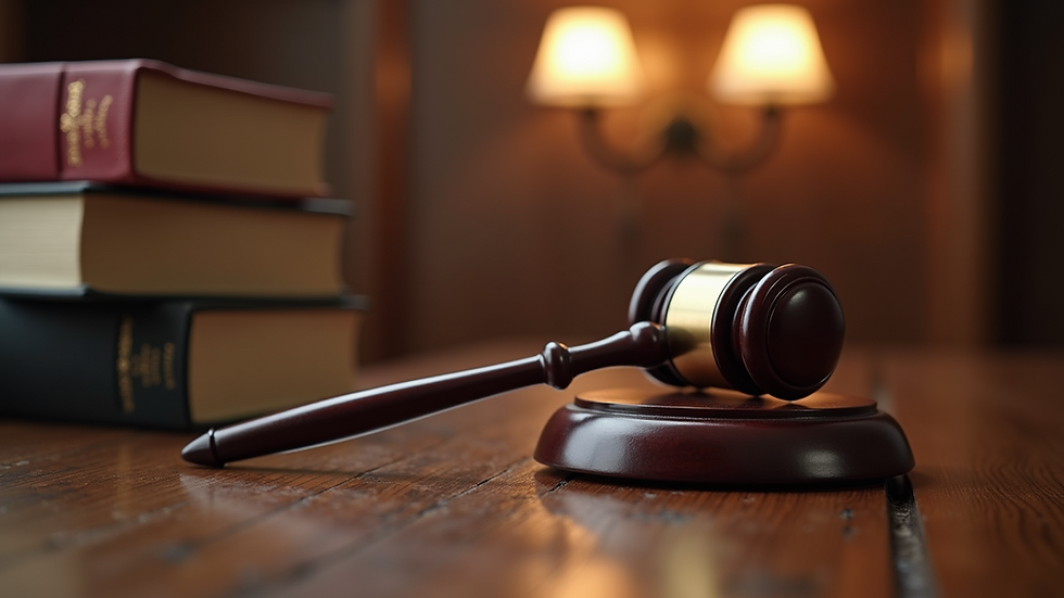 Close-up view of a courtroom with legal books and a gavel