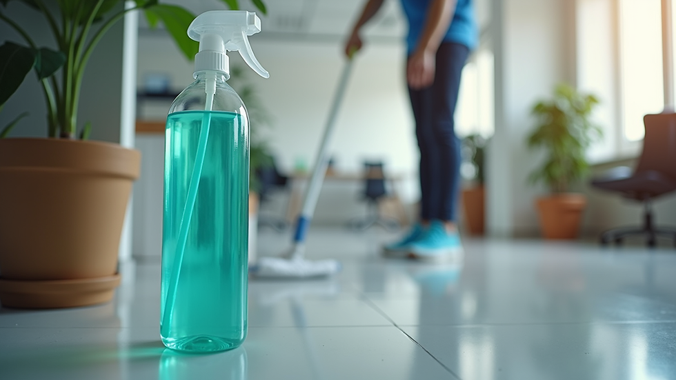 Eye-level view of a professional cleaner using eco-friendly products in an office