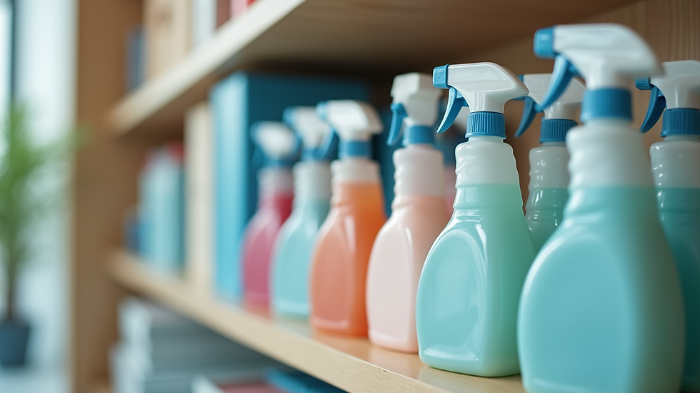 Close-up view of cleaning supplies arranged neatly on a shelf