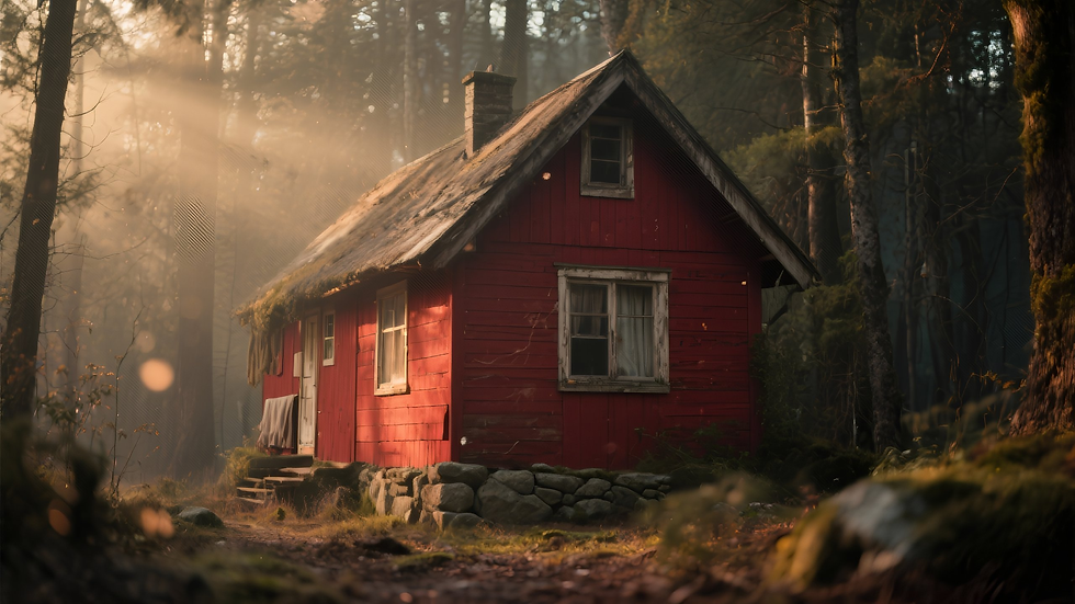 A photographic images of a small, red house in the woods. Sunlight breaks through the trees to spotlight the side of the house.