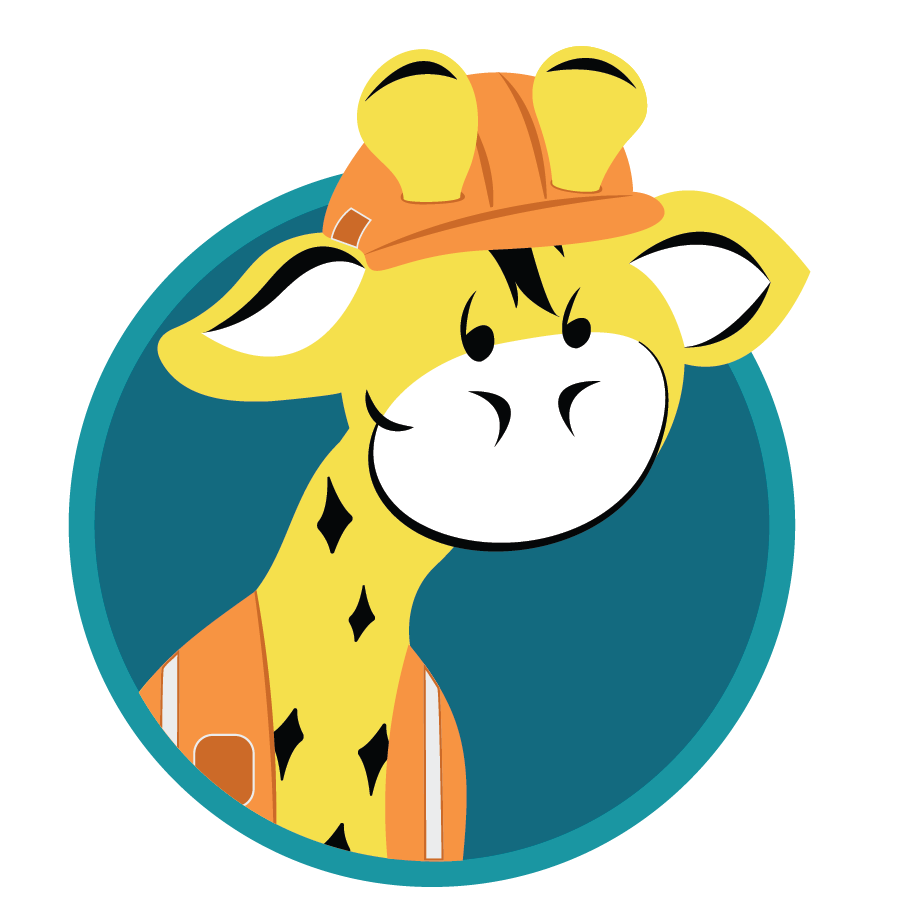Stretch the Giraffe, the unofficial youth services mascot, wearing a construction hat and vest
