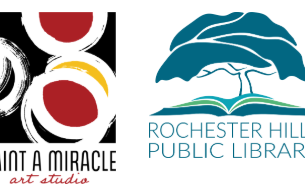 Paint a Miracle and RHPL logos. The Paint a Miracle has overlapping white, painted circles, with red and yellow centers on a black background. The words "Paint a Miracle Art Studio" sit underneath the image. The RHPL logo has a graphic camperdown elm tree, sitting on top of an open book, with the words "Rochester Hills Public Library" underneath.