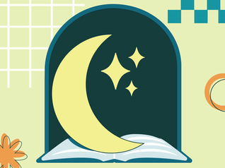 Promotion for After Hours Library: An image of a moon and stars over an open book with a colorful, geometric background. 