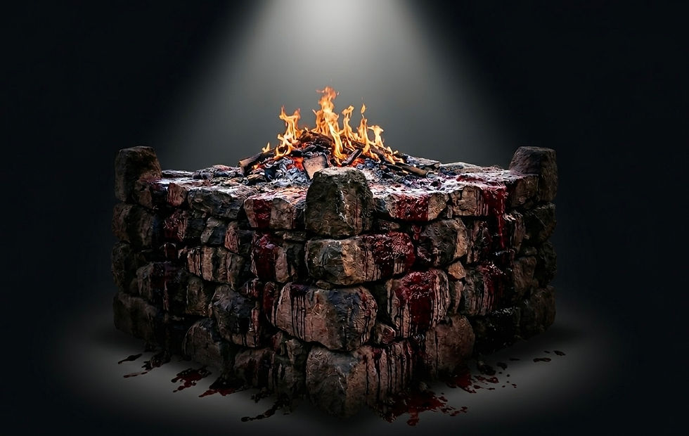 Stone altar with burning firewood on top, surrounded by dark stone bricks stained with reddish liquid depicting blood. Set in a dark, spotlighted space.