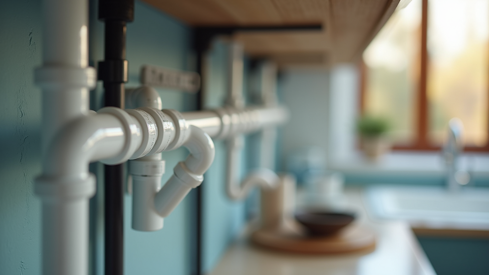 Close-up view of new PEX pipes being installed in a remodeled kitchen