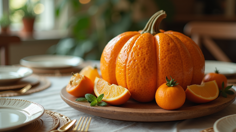 Close-up view of a beautifully carved fruit centerpiece on a dining table