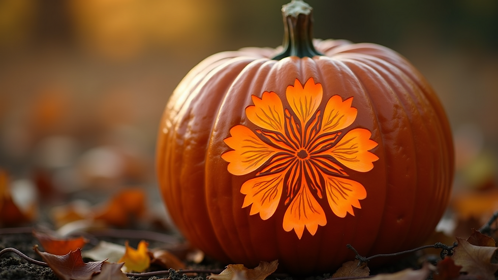 Close-up view of a pumpkin with a detailed floral carving design