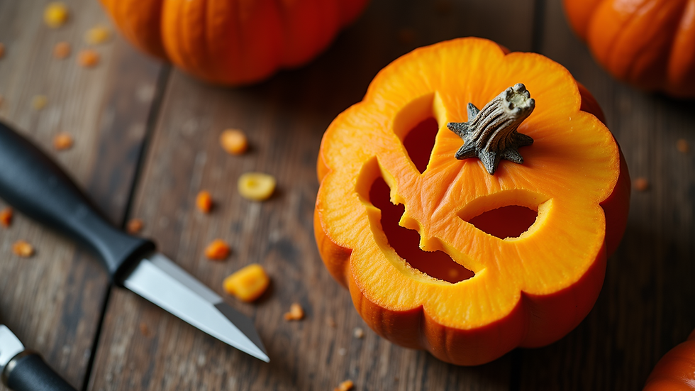 High angle view of pumpkin carving tools and a partially carved pumpkin