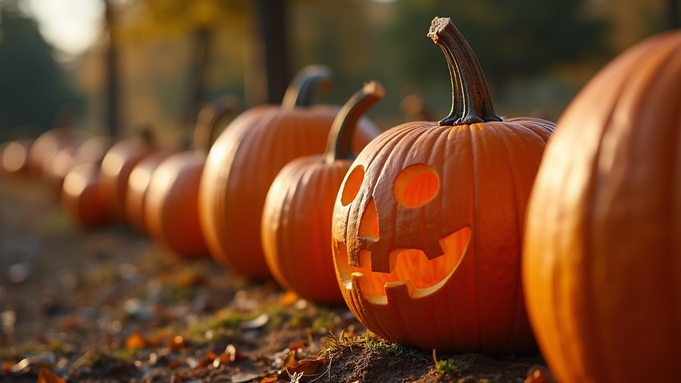 Eye-level view of a variety of creatively carved pumpkins in a series