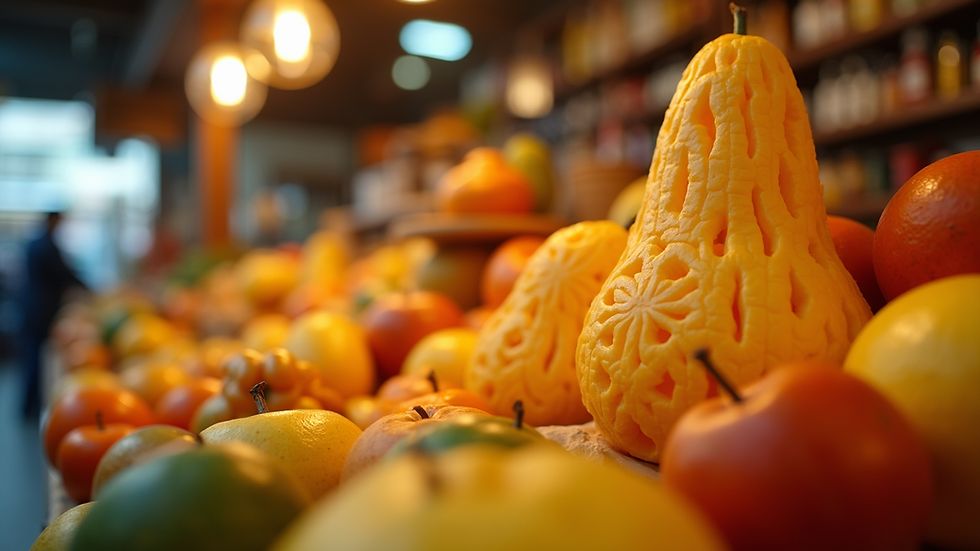 Eye-level view of a fruit carving business display with carved fruits arranged neatly