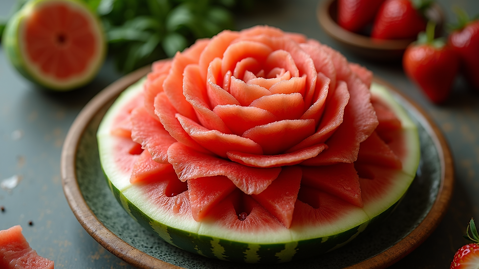 High angle view of a watermelon carved into a floral design on a serving platter