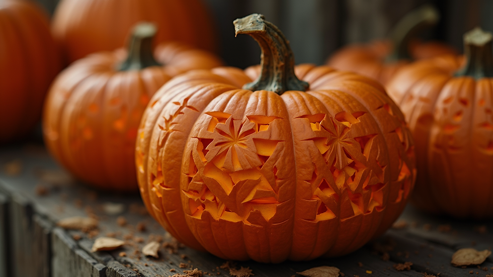 High angle view of a pumpkin carved with intricate geometric patterns