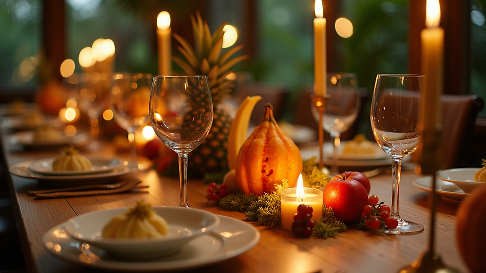 Eye-level view of a tropical-themed dining table with fruit carvings and candles