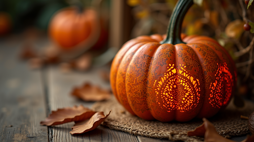 Eye-level view of a pumpkin carved with intricate henna-inspired patterns