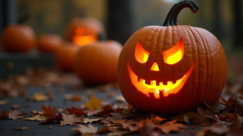 Close-up view of a carved pumpkin with a spooky face