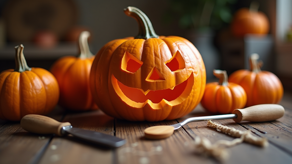 Eye-level view of a pumpkin carving kit with various tools