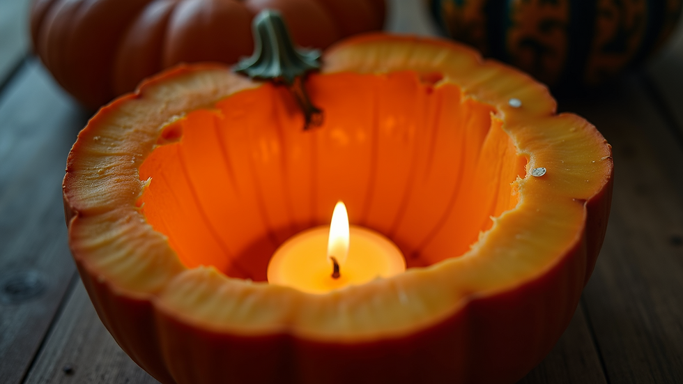 High angle view of a partially carved pumpkin with a candle inside