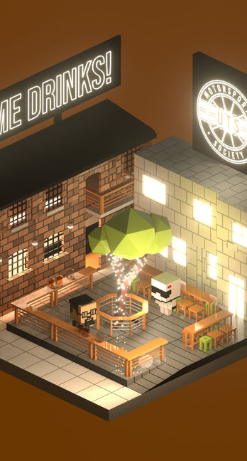 Isometric, artistic depiction of society event