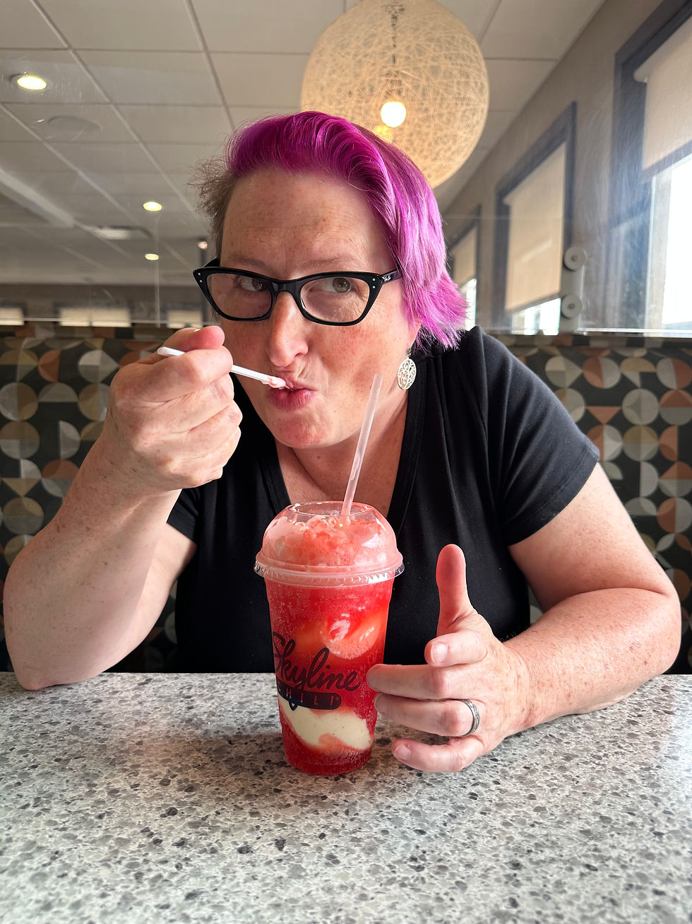 Author Samantha Dunaway Bryant enjoying a red creme soda