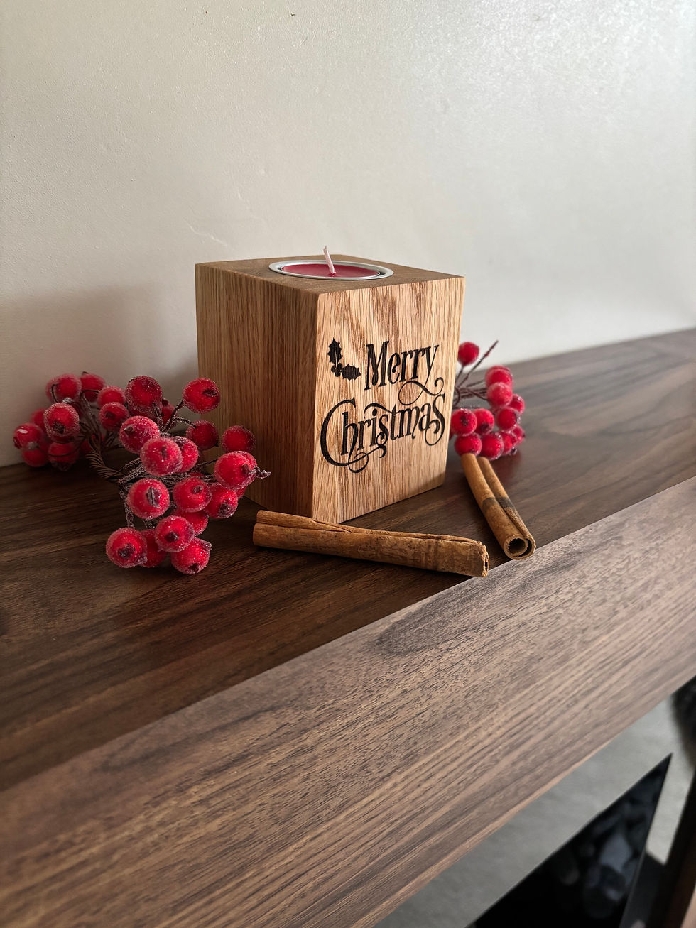 Thumbnail: Personalised oak tealight holder - Merry Christmas