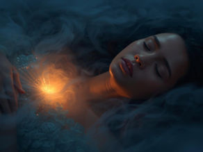 Personne allongée, les yeux fermés, entourée de nuages symbolisant le stress et la fatigue liés au burn-out.