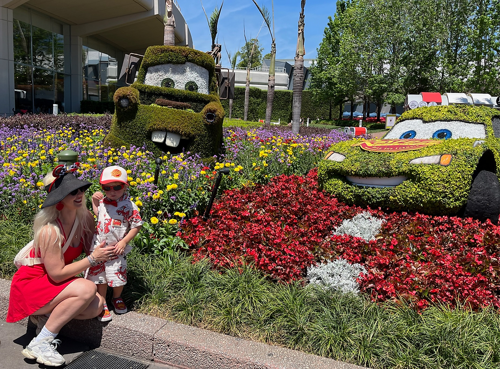 Visiting our son's vehicular heroes, Tow Mater and Lightning McQueen at EPCOT during our Private VIP Tour!