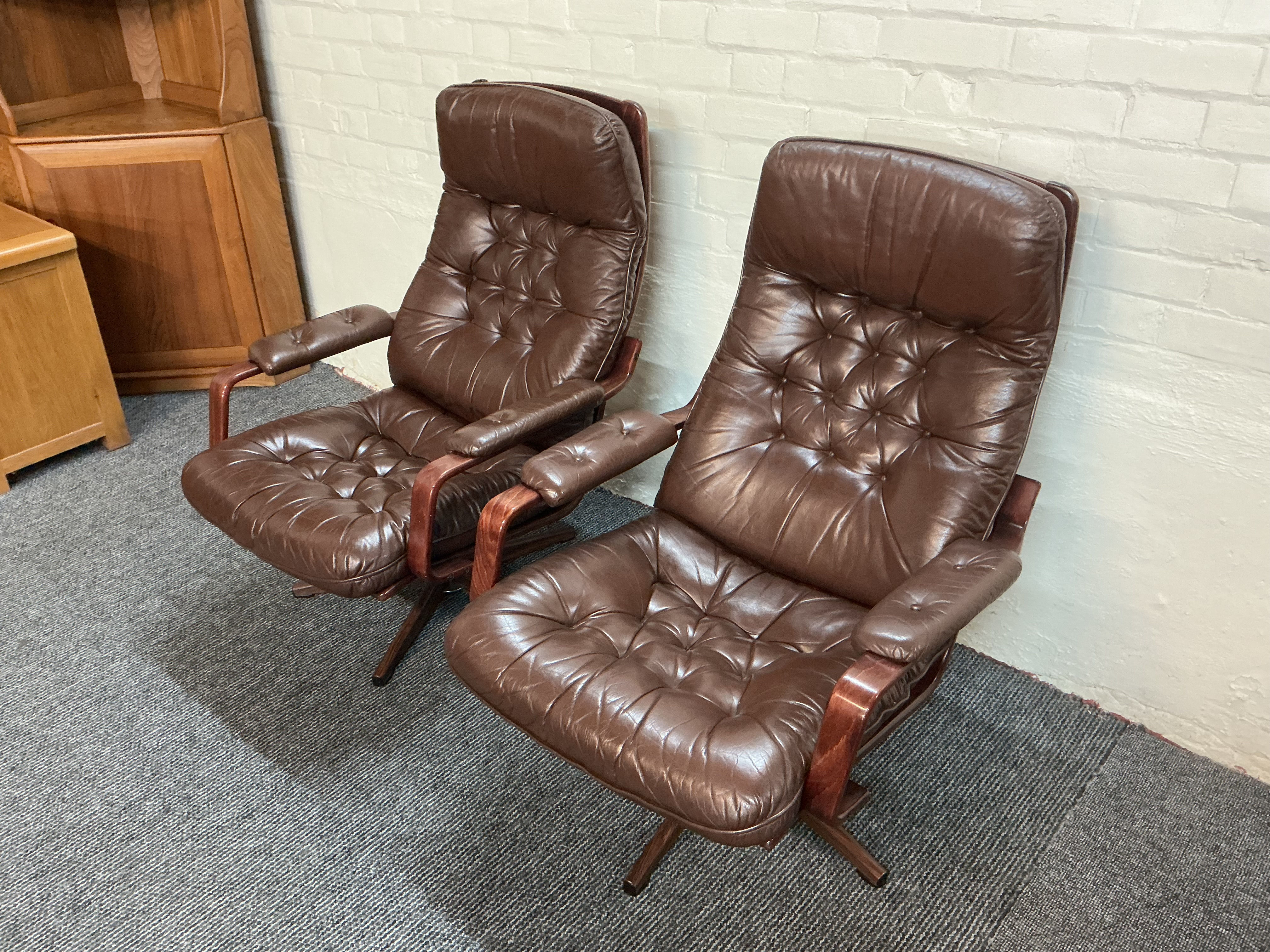 Matching Pair Ulferts MOBLER Leather Swivel Chairs.