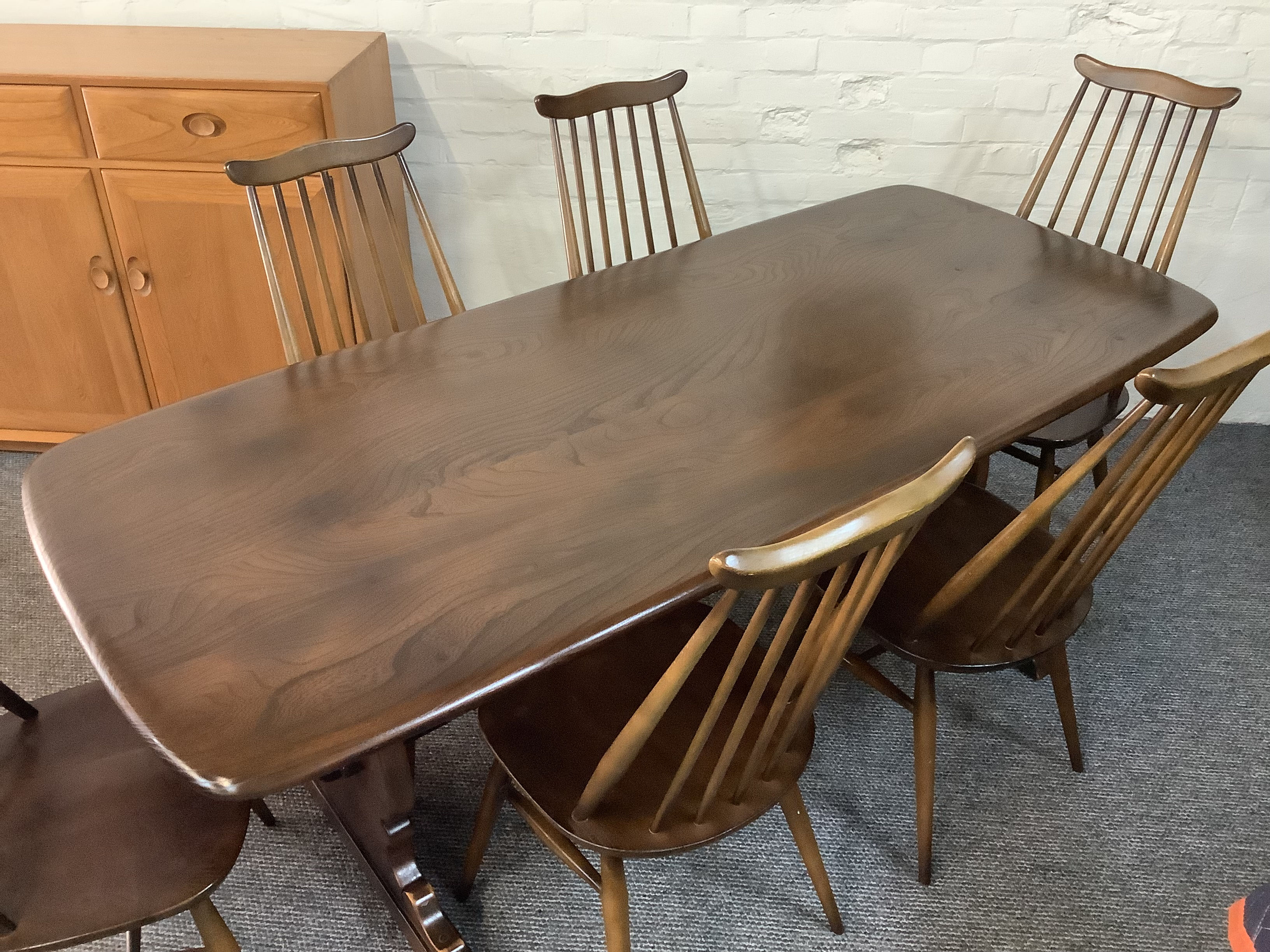 Ercol Refectory Dining Table table and Six Ercol Windsor Chairs.