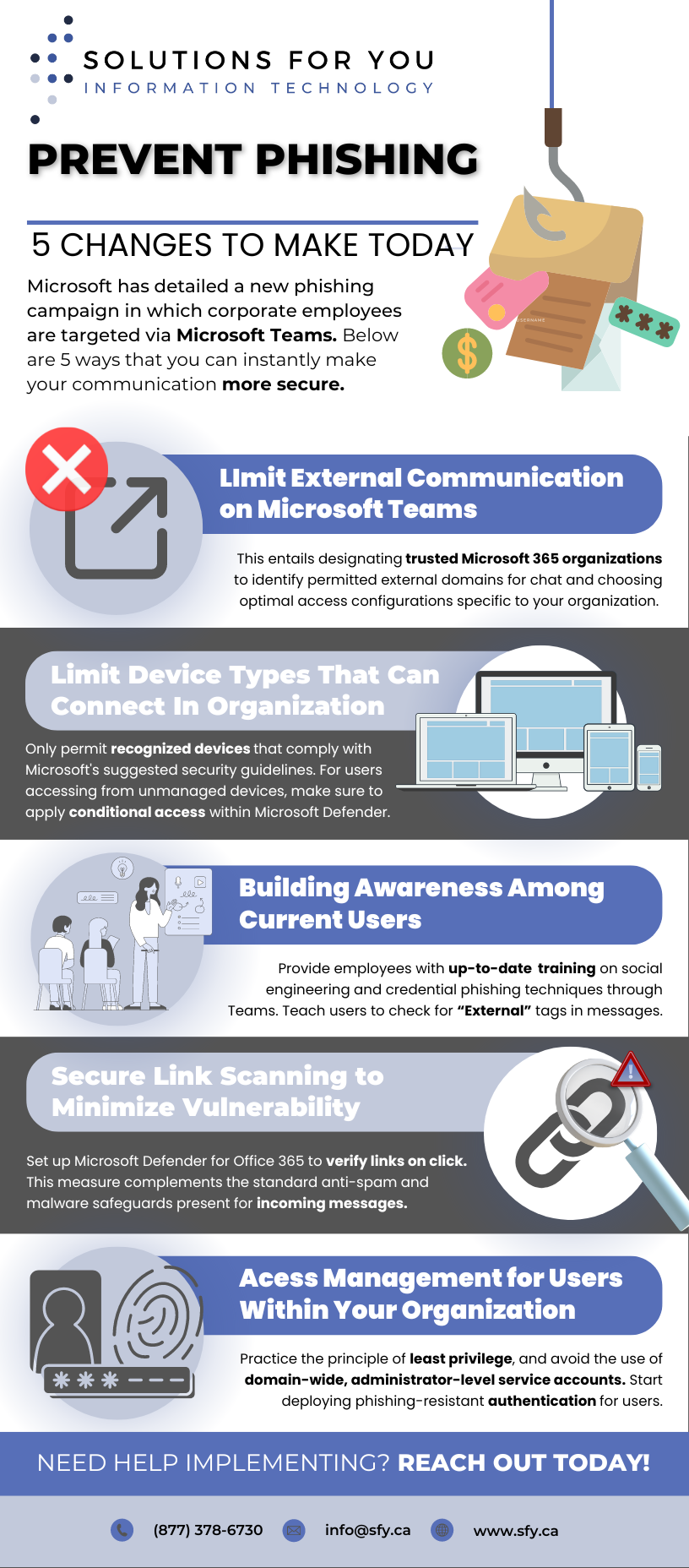 Keep Your Microsoft Teams Secure: 5 Essential Changes. In today's fast-paced digital landscape, securing your communication is crucial. With new phishing threats targeting Microsoft Teams, SFY offers five key strategies to protect your organization: Limit External Communication: Restrict external communications to trusted Microsoft 365 organizations, ensuring only verified domains can engage with your team. Control Device Access: Permit only recognized devices compliant with Microsoft’s security guidelines. Use conditional access within Microsoft Defender for unmanaged devices. Educate Your Team: Provide training on social engineering and phishing techniques specific to Microsoft Teams. Highlight the “External” tag in messages as a potential risk indicator. Implement Secure Link Scanning: Set up Microsoft Defender for Office 365 to verify links upon clicking, adding an extra layer of protection against malicious content. Strengthen Access Management: Adopt the principle of least privilege and avoid using domain-wide, administrator-level accounts. Use phishing-resistant authentication methods to enhance security for all users.