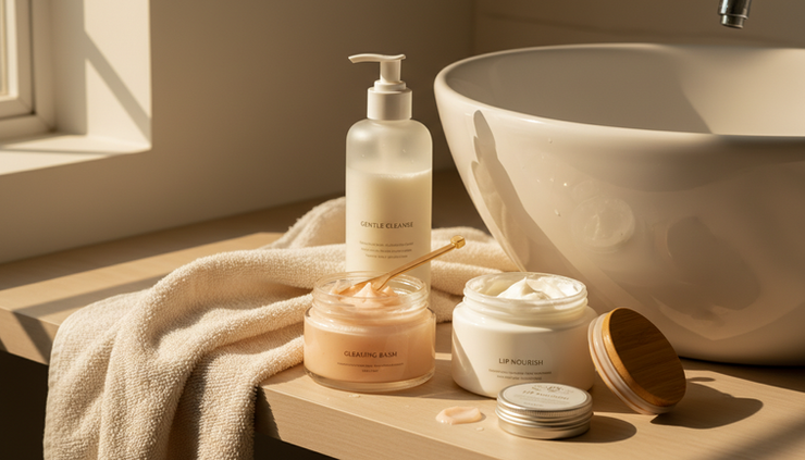 Eye-level view de produtos de limpeza facial e hidratante ao lado de uma pia
