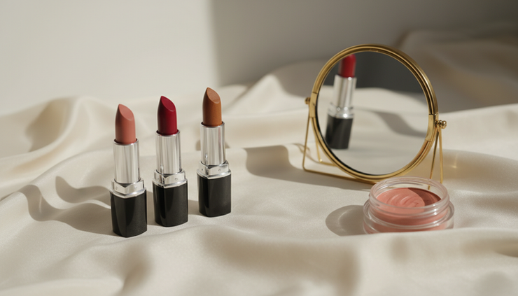 Close-up of several lipsticks in nude red berry and brown shades beside a hand mirror