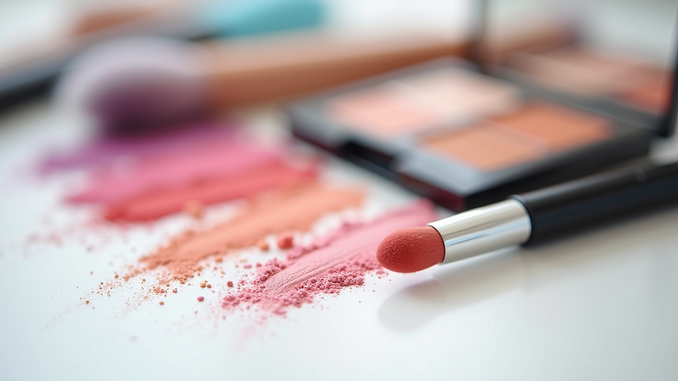 Close-up view of colorful makeup products arranged on a white surface