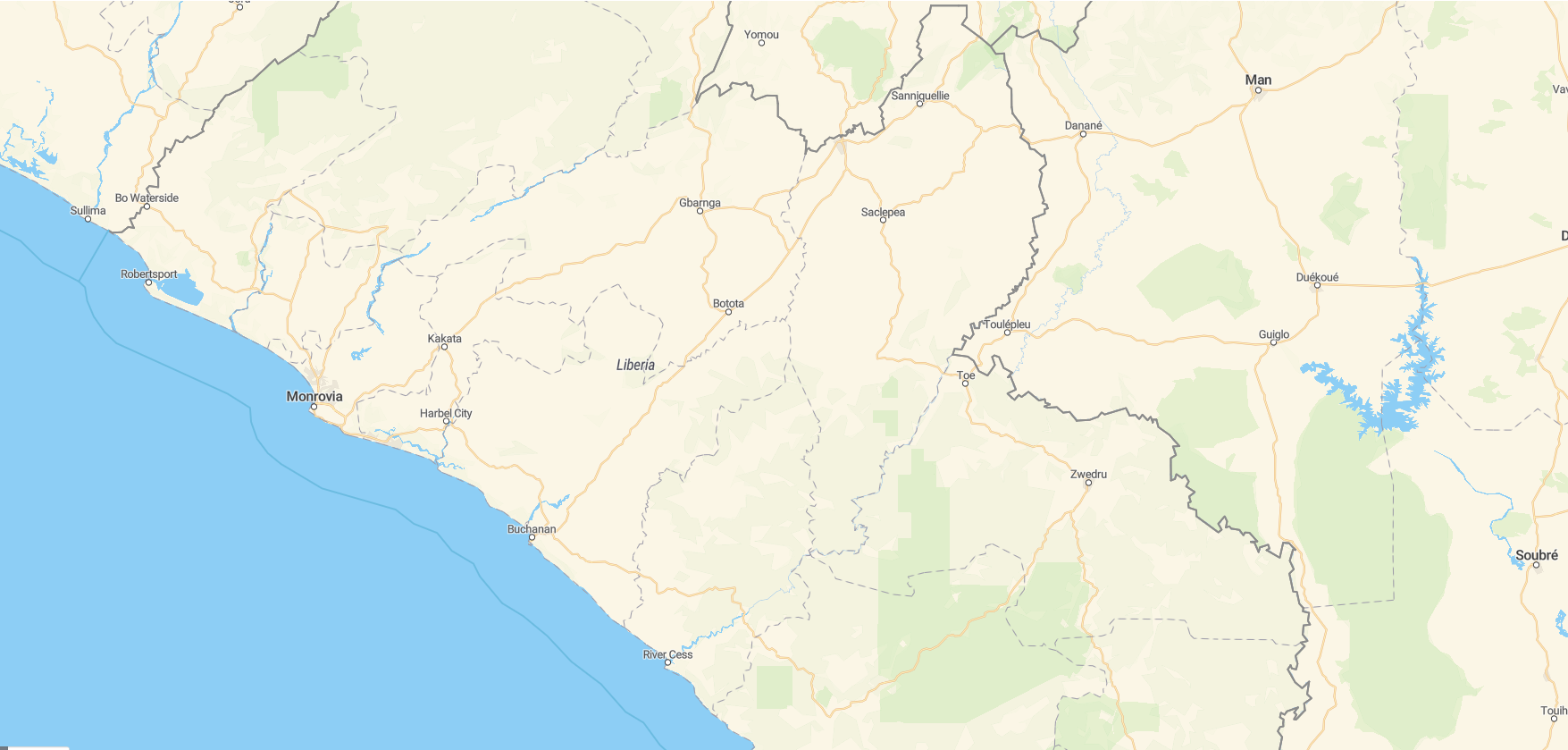 Map of Liberia showing coastline, cities, and major geographic features.