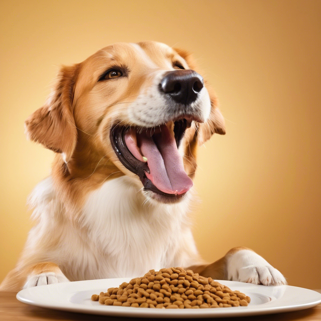 Happy dog with open mouth, smiling at plate of dog food. Home Dog Food Delivery Se