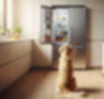 Golden Retriever looking at an open refrigerator in a modern kitchen.