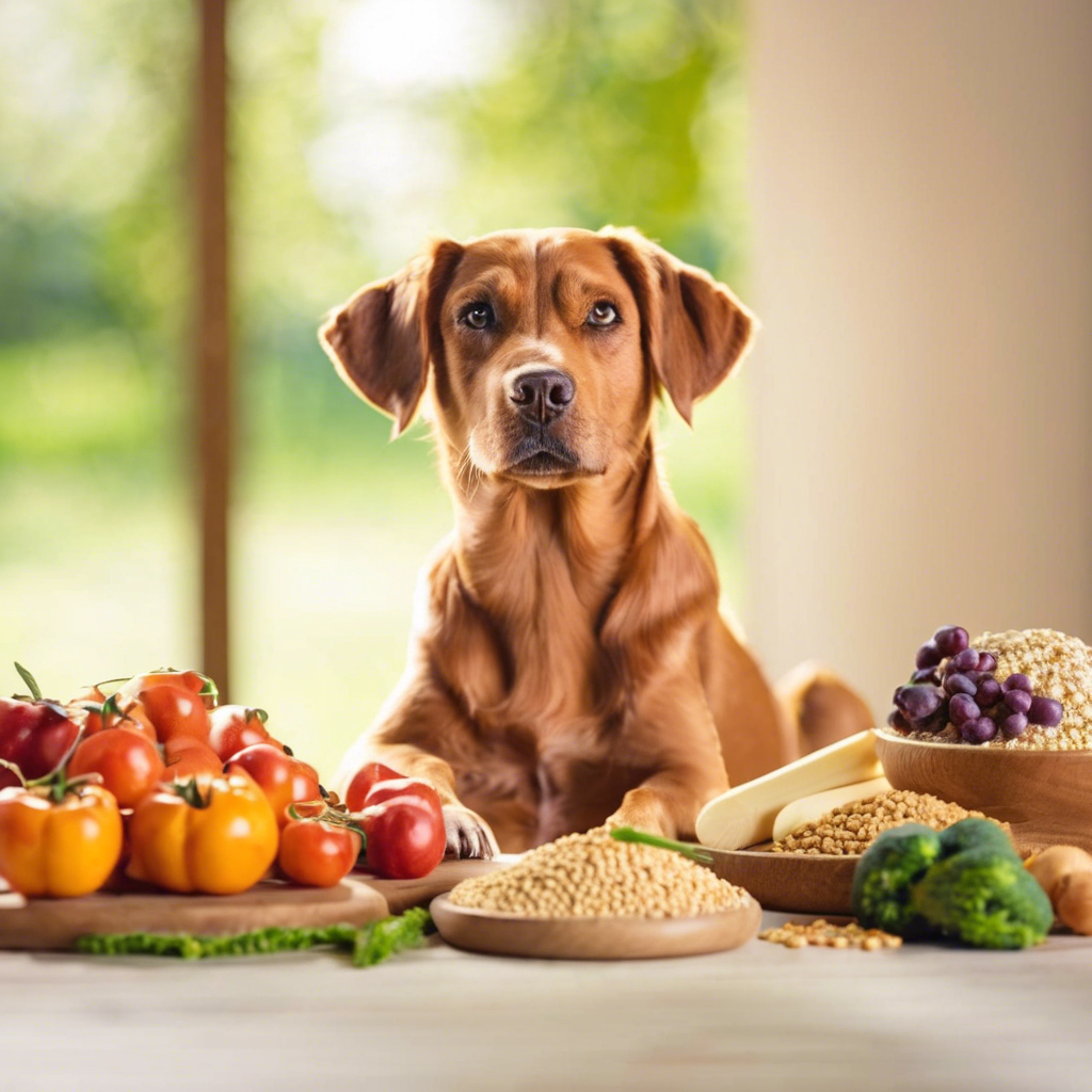 Dog sitting in front of healthy food vegetables and dog food delivery se