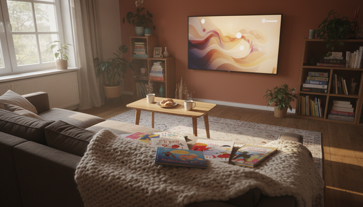 Wide-angle view of a family sofa with a blanket, picture books and a television glowing softly in the background