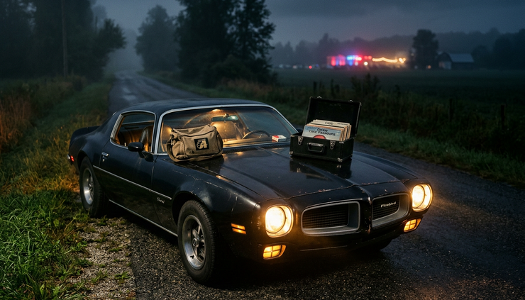 Weitwinkelansicht eines Pontiac Firebird auf einer nächtlichen Landstraße.