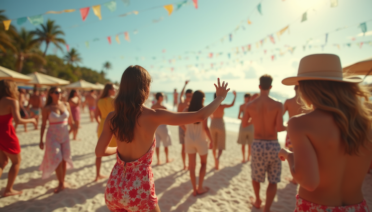 Nahaufnahme eines bunten Strandfestes mit tanzenden Menschen und Sommerdekoration