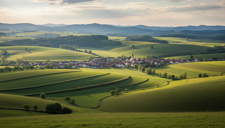 Wide-angle view of green hills and a small village in Styria.